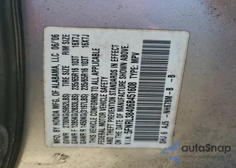 2006 Honda Odyssey Ex z USA, uszkodzony, nr VIN 5FNRL38406B451608